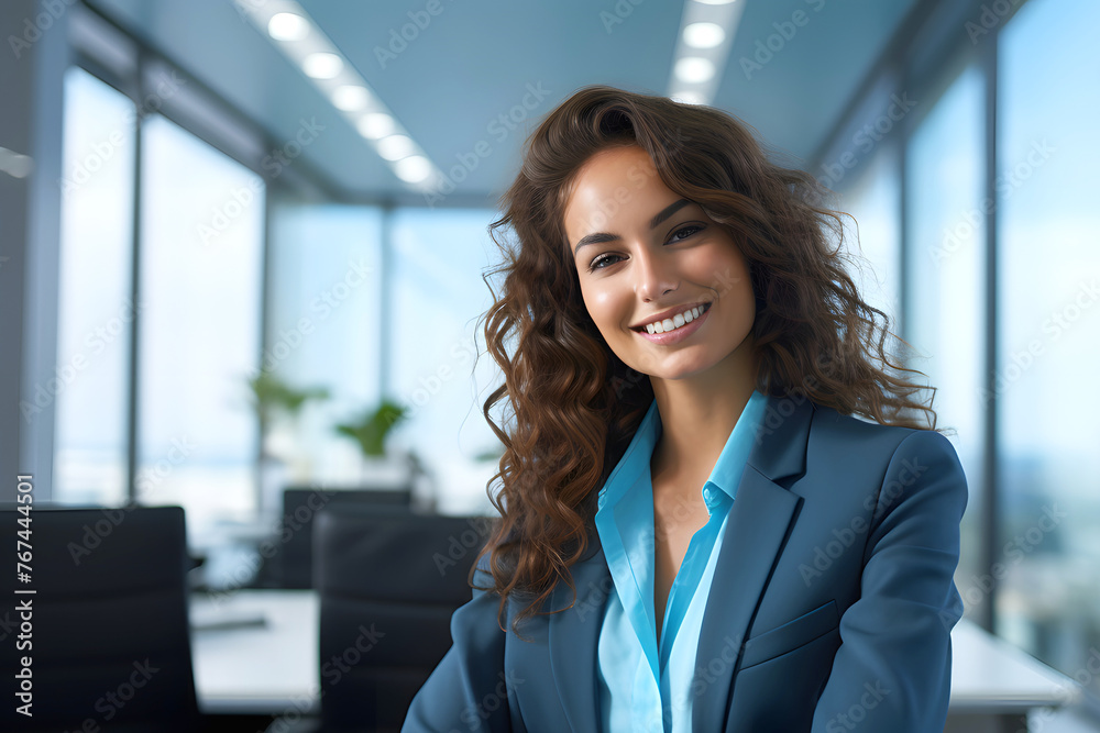 Wall mural portrait of a beautiful young business woman working in the office. career growth in studies and bus