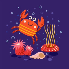 A cute red crab crawls among shells and corals. Cheerful sea animal. A funny inhabitant of the ocean or coral reef. Children's vector illustration of the seabed.