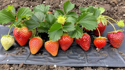 Ripe strawberries thriving in a vibrant greenhouse, ripening and awaiting harvest