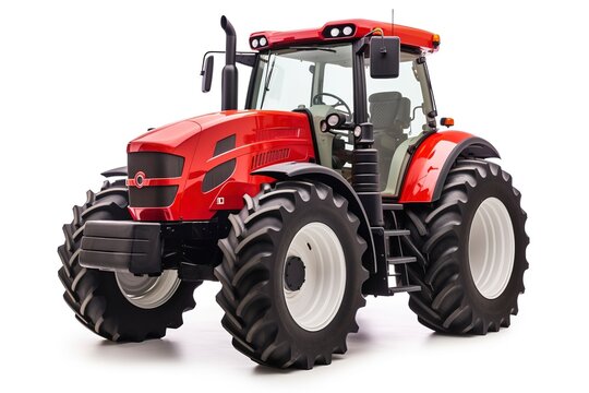 Modern red agricultural tractor isolated on white background