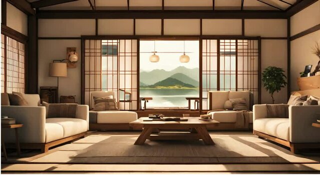 Living room interior with a natural chinese style atmossphere  background animation cartoon anime style 4K HDR
