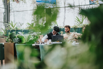 Multiethnic business colleagues working together with a laptop in a lush cafe setting, displaying...