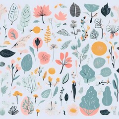 A collection of seamless pattern, colorful abstract plants and flowers. Hand drawn Collection of leaves and flowers. A close up of a pattern of flowers and leaves.
