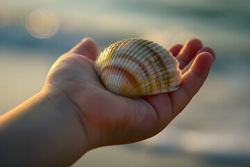 a seashell held in a child's hand, its intricate patterns and delicate ridges a testament to the wonders of summertime beachcombing adventures and the treasures waiting to be discovered along the shor - obrazy, fototapety, plakaty