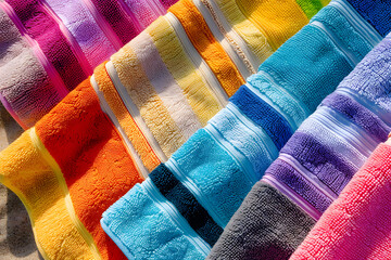 colorful beach towels arranged in a playful pattern on the sand, each towel a vibrant canvas for lounging and relaxation under the bright summer sun