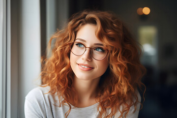 Obraz premium happy beautiful girl in glasses near the window. youth and beauty