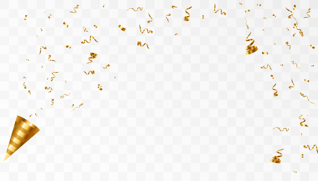 Confetti on a transparent background. Falling shiny golden confetti. Bright golden festive tinsel. Holiday design elements for web banner, poster, flyer, invitation. Vector	
