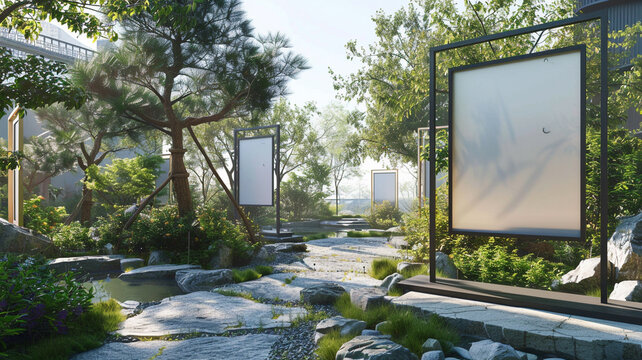 An avant-garde gallery's outdoor extension, where empty frame mockups are integrated into a serene garden setting. These frames, made of weather-resistant materials,