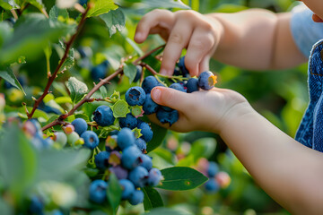 a child's hands picking ripe blueberries from a bushel, the plump berries bursting with flavor and freshness, a delicious and nutritious snack for summertime picnics and outings