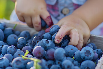 a child's hands picking ripe blueberries from a bushel, the plump berries bursting with flavor and freshness, a delicious and nutritious snack for summertime picnics and outings - obrazy, fototapety, plakaty