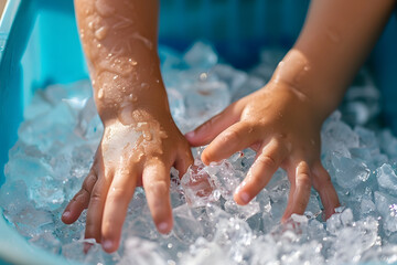 a child's hands scooping up a handful of crushed ice from a cooler, the refreshing sensation providing instant relief from the summer heat during outdoor picnics and barbecues - obrazy, fototapety, plakaty