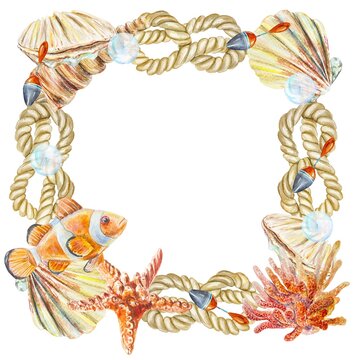 Marine frame, watercolor. Seashells, fish, rope, starfish on white background. Hand drawn illustration for cards, invitations. Day of the Seafarer.