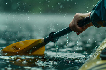  a hand holding a paddle, the water droplets glistening on its surface as it propels a kayak through calm waters