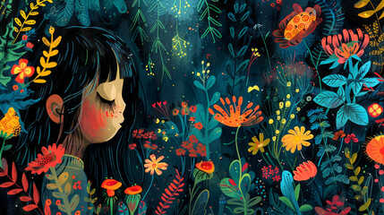 A girl is sitting in a field of flowers. The flowers are in various colors and sizes, and the girl is surrounded by them
