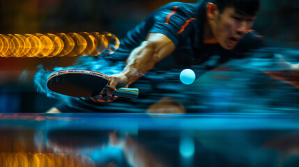 A man is playing ping pong and is about to hit the ball