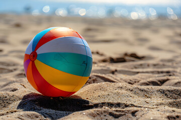 a colorful beach ball bouncing across the sand