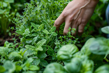 a hand gathering fresh herbs from a garden