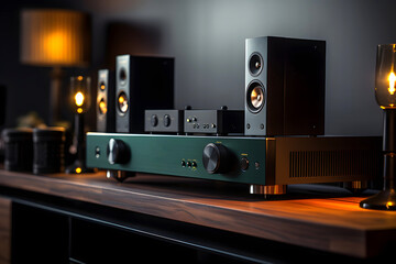 Fototapeta premium modern stereo audio speakers and amplifiers for listening to music. wideband sound system. professional audio frequency sound