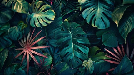 AI Generative. Notanical herbal exotic tropical plants herbs flowers botanical foliage background nature jungle lanfscape. Graphic Art - obrazy, fototapety, plakaty