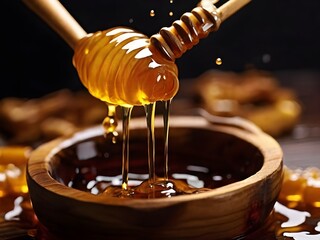 honey dripping from a wooden dipper - obrazy, fototapety, plakaty