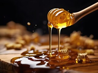 honey dripping from a wooden spoon - obrazy, fototapety, plakaty