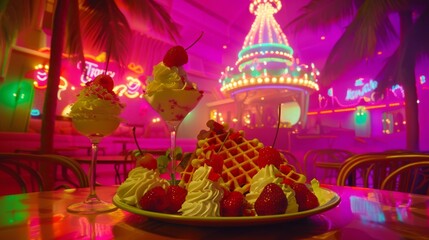  a plate of waffles, strawberries, and ice cream on a table in a brightly lit room.
