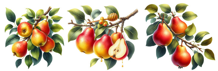 Pear fruits realistic botanical watercolor illustration with tree branch leaves. Ripe juicy isolated hand painted.