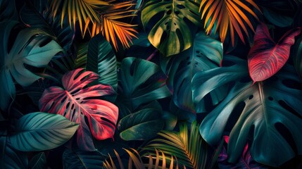 Fototapeta na wymiar Lush colorful tropical leaves, dark background.
