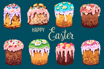 Happy Easter poster. Vector set of traditional Easter cakes - 767447169