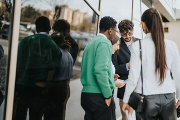A multiethnic group of business people in a discussion at an informal outdoor meeting, signifying...