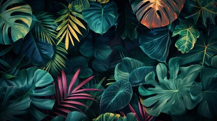 Lush colorful tropical leaves, dark background. AI - obrazy, fototapety, plakaty