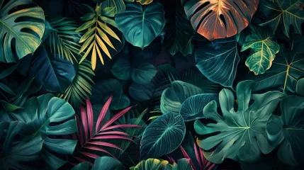 Fotobehang Lush colorful tropical leaves, dark background. AI © Fatih