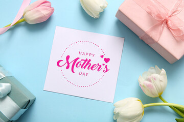 Card with text HAPPY MOTHER'S DAY, gift boxes and tulip flowers on blue background