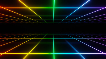 3d retro neon rainbow abstract background with laser lines. Pride LGBT Synthwave grid videogame style. Vj futuristic sci-fi 80s 90s y2k wireframe net. Disco music template