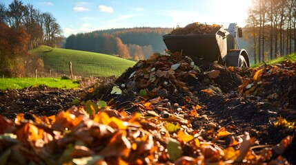 loading of fallen autumn leaves for processing into fertilizer - obrazy, fototapety, plakaty