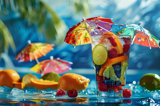 a tropical cocktail garnished with fresh fruit and umbrellas