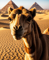 A camel looks into the camera against a backdrop of desert pyramids and bright sky. Tourism, invitation to travel