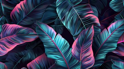 Tropical exotic seamless pattern with neon light color banana leaves, palm on night dark background. Premium hand-drawn textured vintage 3D illustration. Good for luxury wallpapers
