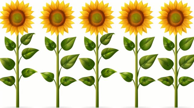  a set of sunflowers with green leaves on a white background stock photo - budget - free stock photo.