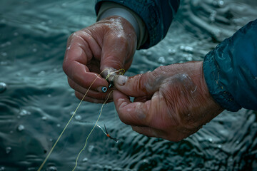 a pair of hands threading a fishing line through a hook - obrazy, fototapety, plakaty