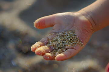a child's hand scooping up a handful of wet sand - obrazy, fototapety, plakaty