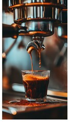 Coffee extraction  portafilter pouring espresso into cup in bright white setting