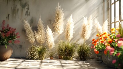 Immerse yourself in the sophisticated ambiance of neutral pampas grass and reeds, bathed in sunlight. - obrazy, fototapety, plakaty