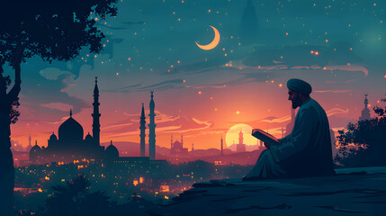 Muslim man sitting and holding Quran with view of mosque, Eid ul Adha Mubarak day background illustration - obrazy, fototapety, plakaty
