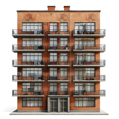 A modern rectangleshaped building with plenty of wooden balconies and large windows. This urban design condominium features a unique art deco font, standing tall in the city landscape