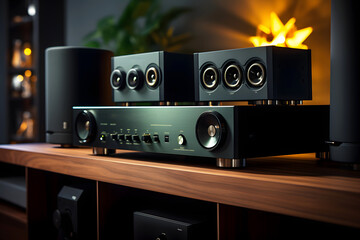 Fototapeta premium modern stereo audio speakers and amplifiers for listening to music. wideband sound system. professional audio frequency sound