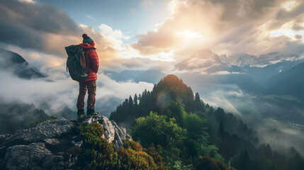 Solo Adventurer Capturing Epic Sunrise on Misty Mountain Peak