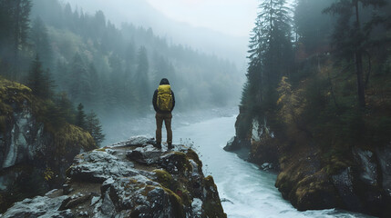 Solo Adventurer Overlooking Misty River from Old Rocky Cliff at Dawn
