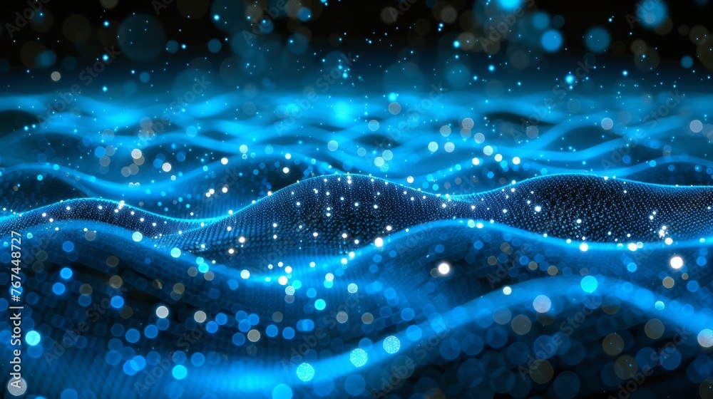Poster digital network linking stream of data with particle wave symbolizing information technology