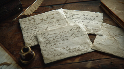 Vintage Handwritten Love Letters with Quill and Ink - obrazy, fototapety, plakaty